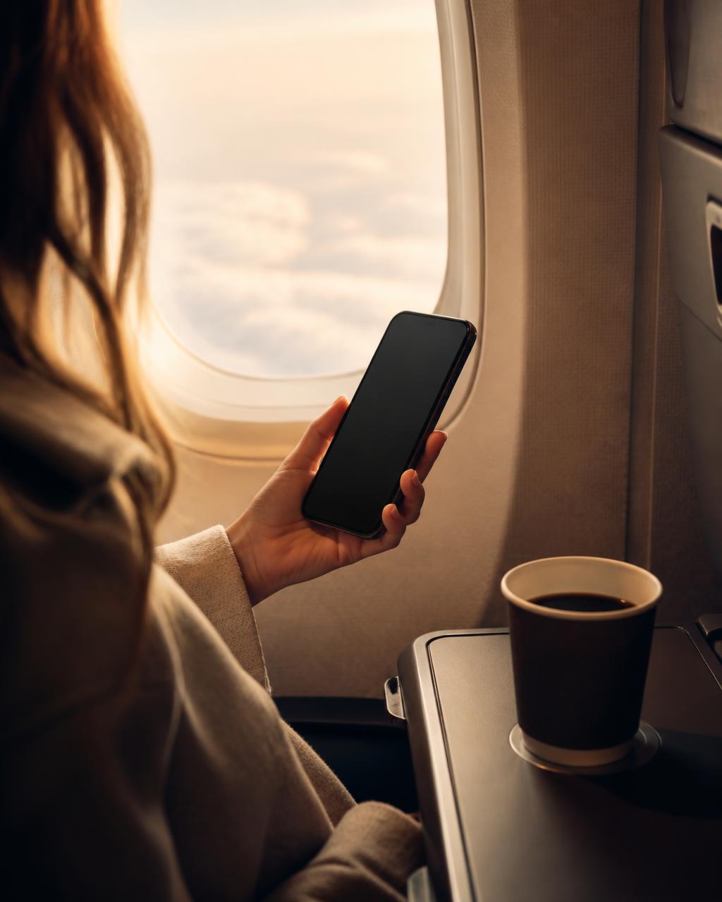 A hand holding a phone with the SkyGuru companion open during a flight